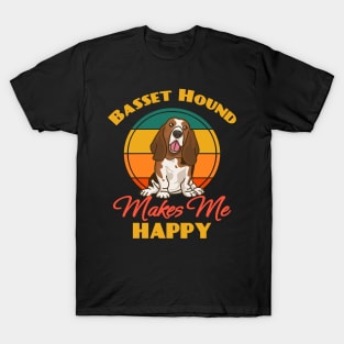 Basset Hound Makes Me Happy Dog puppy Lover Cute Sunser Retro Funny T-Shirt